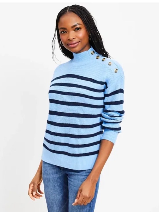 LOFT Sweaters - LOFT Light Navy Striped Mock Neck Sweater Shoulder Buttons Nautical XL NWT